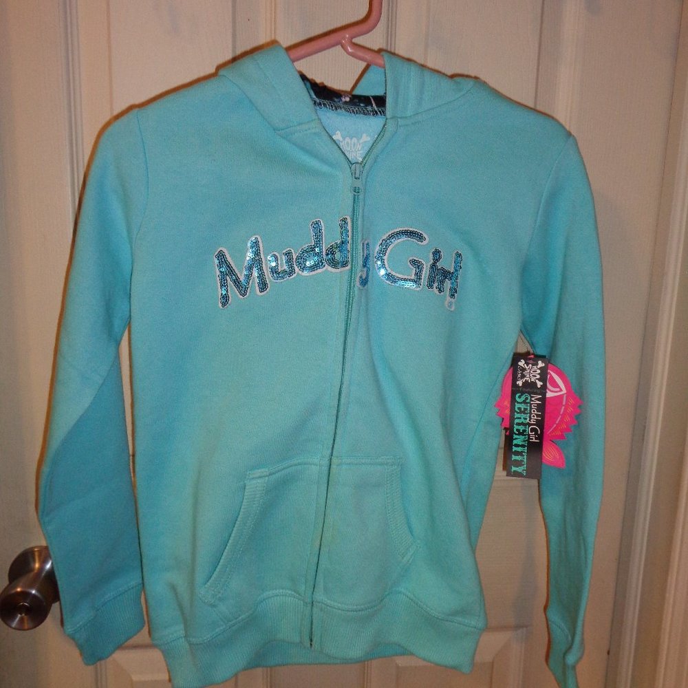 Children's size large (10-12) aqua hoodie "Muddy Girl" with camo hood new tags